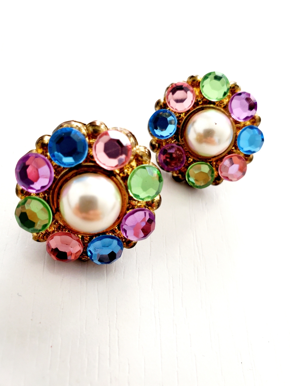 Pearl & Multicolor Crystal Flower Earrings - Vintage